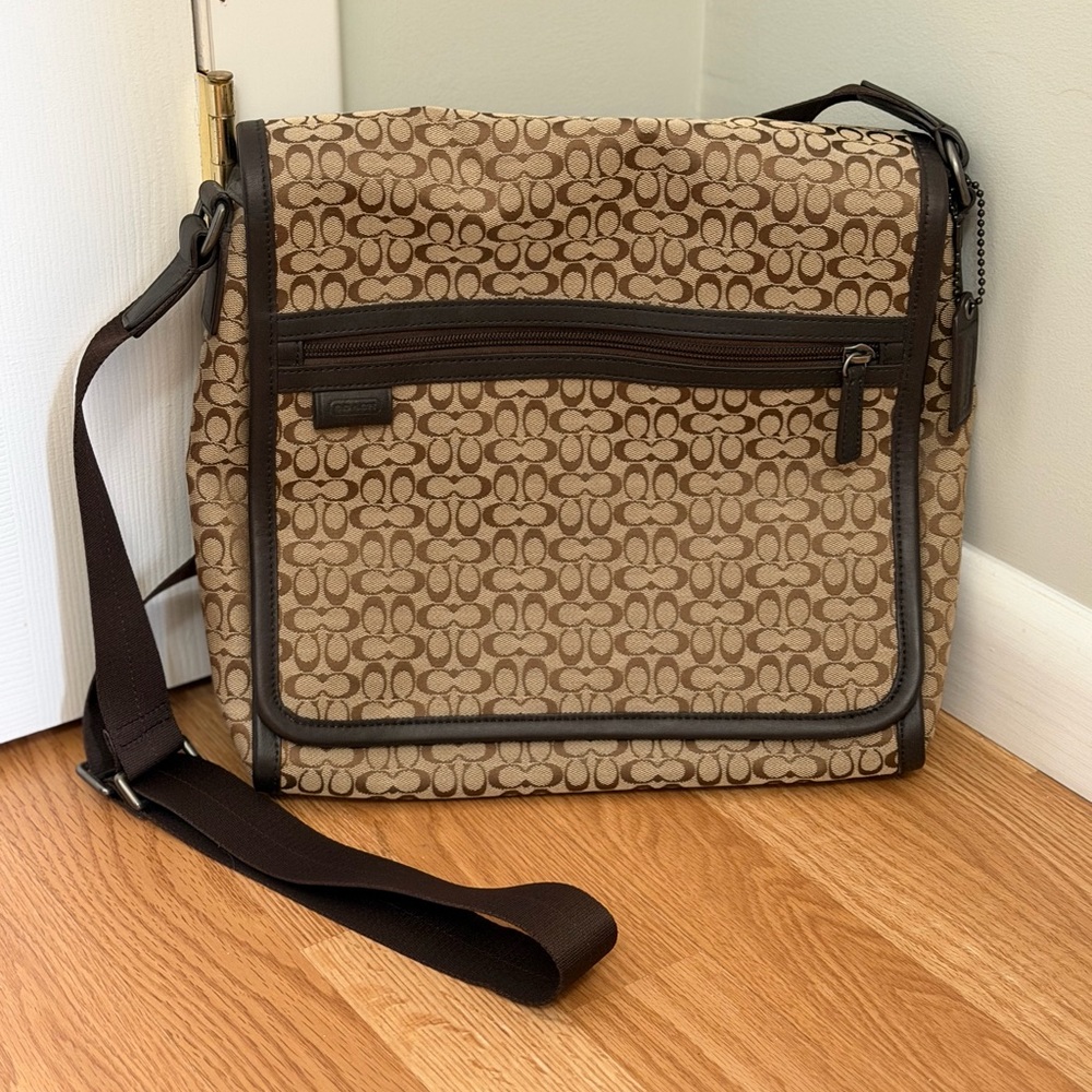 Coach Logo Messenger Bag in Brown Canvas and Leather